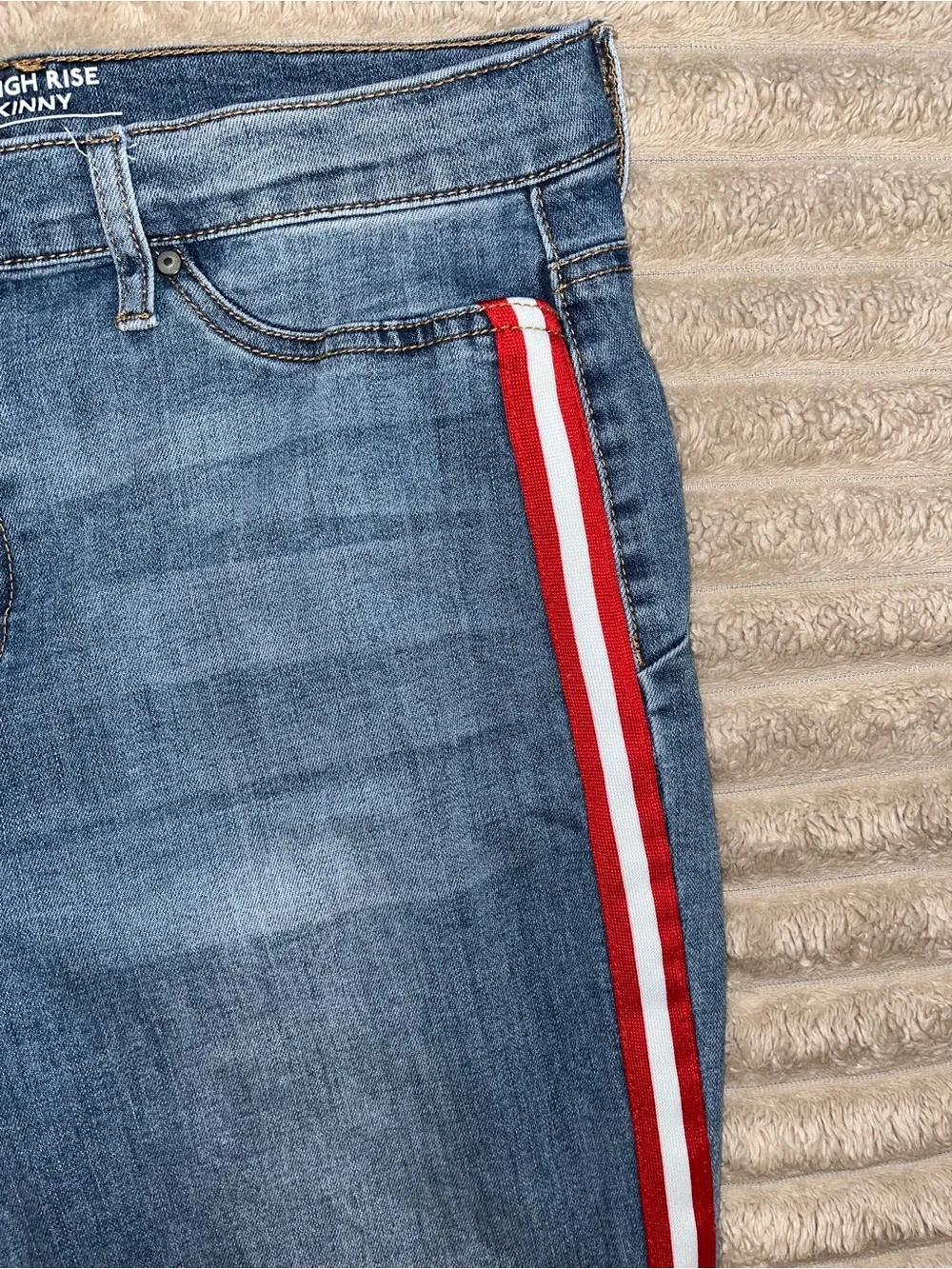 NOBO Mid-Blue Skinny Jeans with Red and White Side Stripes